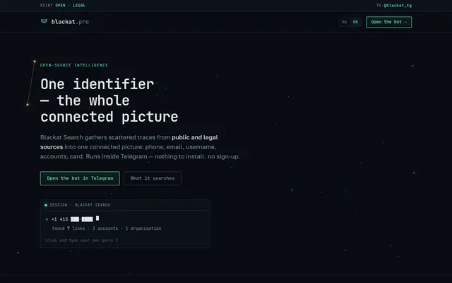 Screenshot of Blackat Search — поиск по открытым источникам