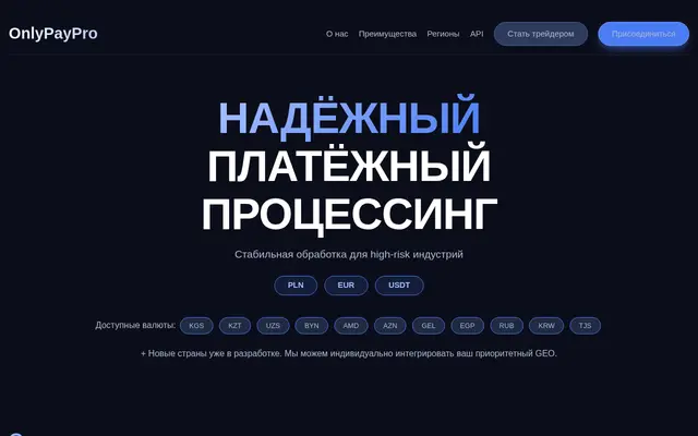 Screenshot of OnlyPayPro — Надёжный процессинг для high-risk проектов