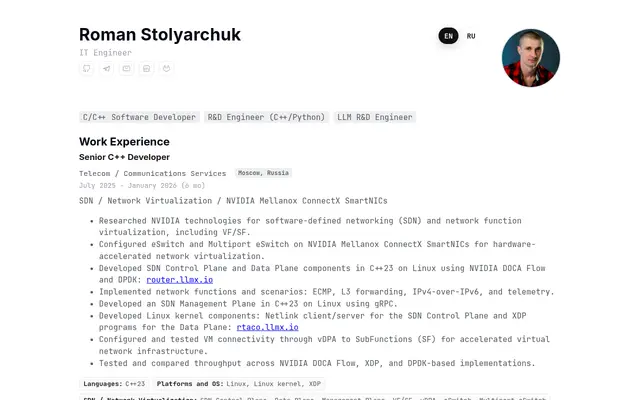 Screenshot of Roman Stolyarchuk — C++/Python Software Engineer | CV