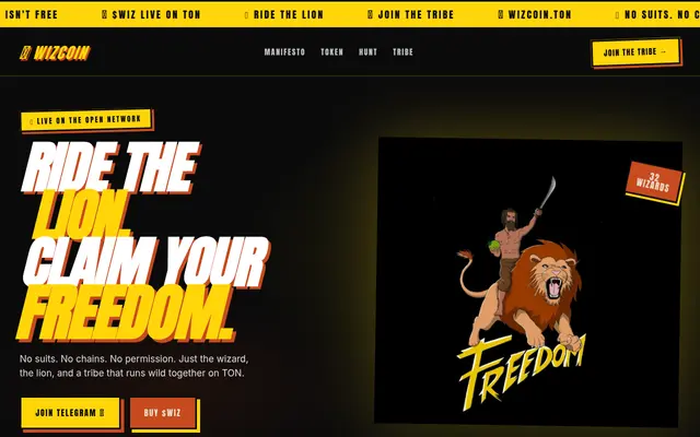 Screenshot of WIZCOIN — Ride the lion. Claim your freedom.